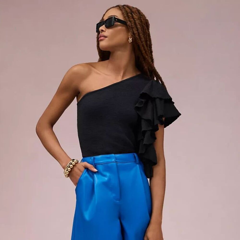 By Anthropologie Women's One Shoulder Ruffle Top Black XL